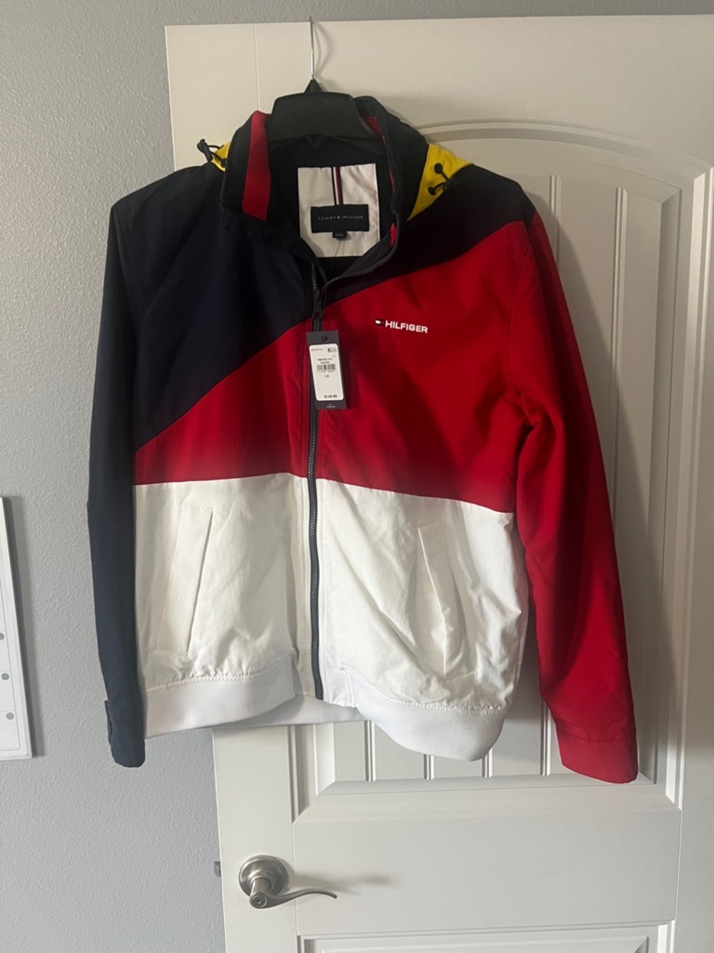 Tommy Hilfiger Red, Navy & White Colorblock Jacket with Yellow Hood Accent